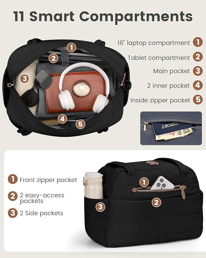 Travel Duffle Bag,Puffer Carry On Duffel Bag with Laptop Compartment Waterproof Overnight Weekender Bags for Women Large Hospital Tote Bags for Labor and Delivery(Large,Black)