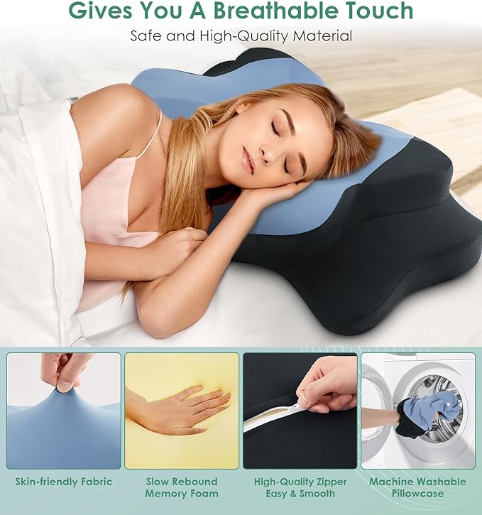 DONAMA Cervical Pillow for Sleeping, Contour Memory Foam Pillow for Neck and Shoulder Support, Ergonomic Neck Pillow for Side Back Stomach Sleepers, Bed Pillows with Cooling Pillowcase