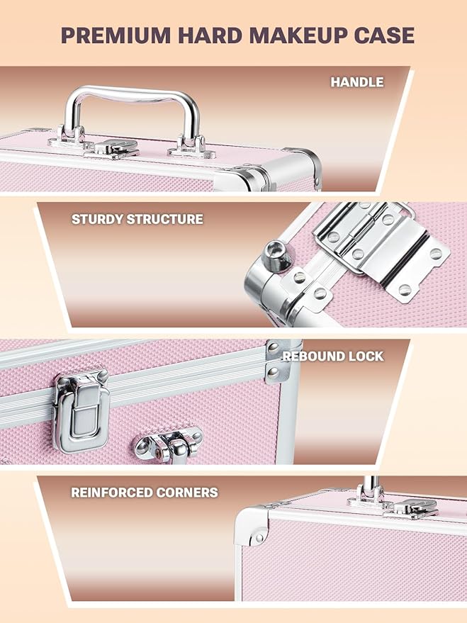 Qislee Makeup Box with A Detachable Lighted Mirror, Waterproof Travel Train Case, Cosmetic Organizer and Makeup Suitcase with Adjustable Dividers, Magnetic LED Mirror(Icy Pink)