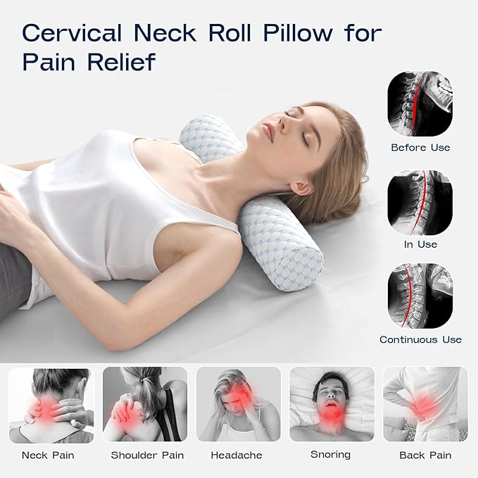 Neck Roll Pillow, Memory Foam Neck Support Pillows, Round Neck Pillows, Cylinder Bolster Pillows for Bed, Couch, and Yoga, Removable Washable Cover,18 * 4.3 * 4.3inch (Cool-Blue)