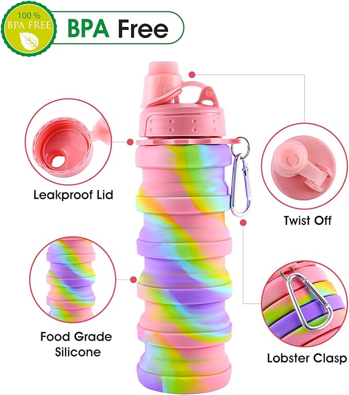 Collapsible Water Bottle for Adults, Boys, Students, Kids, Reusable Silicone Foldable Water Bottles for Travel Camping Hiking Sports,Leak-Proof Portable Sports Water Bottle (Pink & Blue)