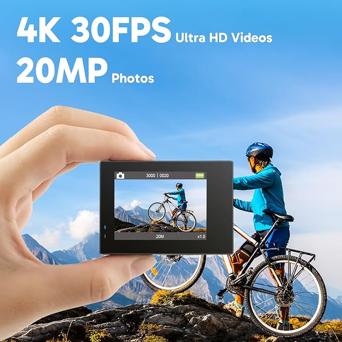 AKASO Brave 4 Action Camera 4K 30fps with 64GB MicroSD Card Bundle 20MP Ultra HD 131FT Waterproof Underwater Camera EIS WiFi Remote Control 5X Zoom Sport Cameras with Bicycle Accessories Kit