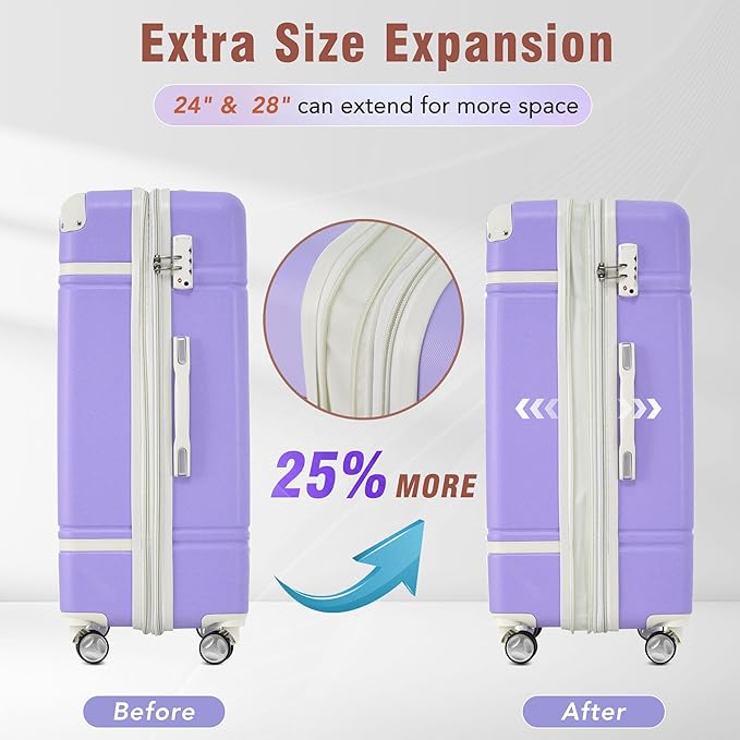 Merax Suitcase Set 24 inches Expandable Luggage with TSA Lock Spinner Wheels Hardshell Lightweight Vintage Luggage with Travel Bag,Purple