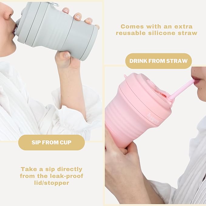 Collapsible Cup with Reusable Straw – 18 Oz (550 Ml), Portable Travel Mug, BPA-Free, Leak-Proof, Microwave & Dishwasher Safe, Multi-Purpose for Hot & Cold Drinks – Beige