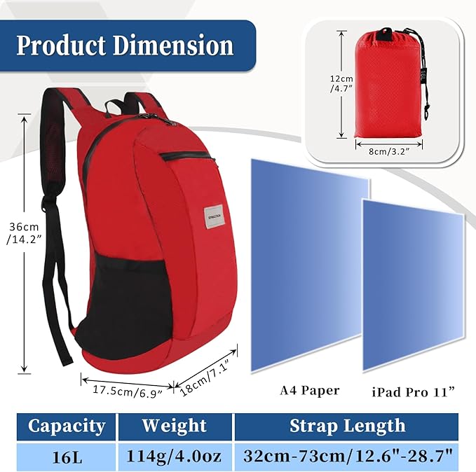 Hiking Daypack - Lightweight & Water-Resistant Portable Backpack for Travel, Camping, Outdoor Adventures(16L, red)