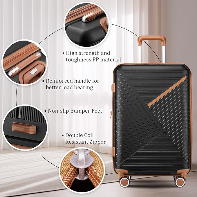 Campfun Luggage 4 Piece Sets, Expandable Carry On Luggage Set Hardshell PP, Suitcase Set with Double Spinner Wheels, Checked Durable Lightweight with TSA Lock, 14in 20in 24in 28in-Black Brown(B)