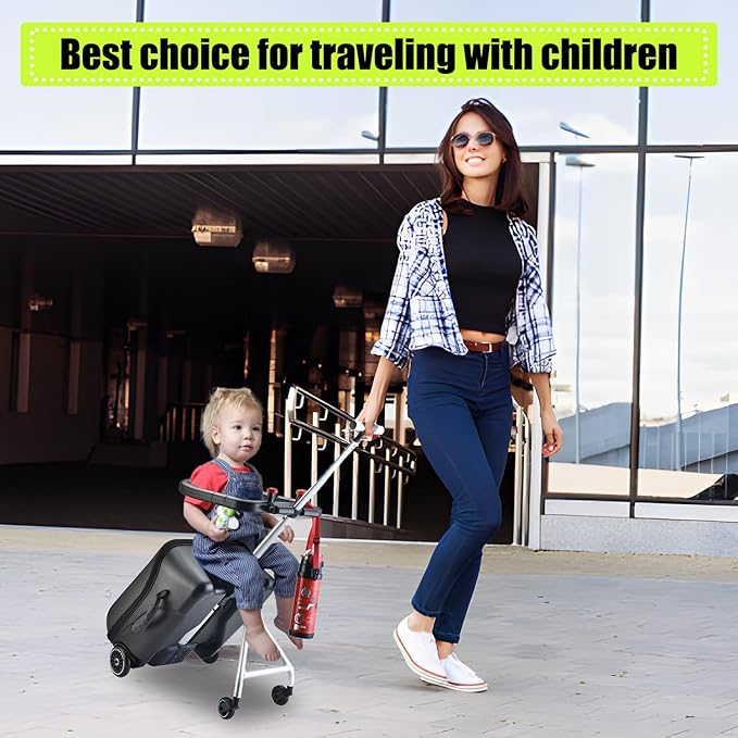 Children's Ride-On Suitcase, Ride on Suitcase for Kids, Kids Luggage Set, Fashion Travel Student Trolley Boarding Toy Box, 2-in-1 Case & Baby Stroller,Black