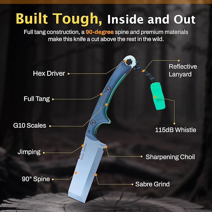 OUTDOOR ELEMENT Flicker Feather Knife Wise Owl GLOW - Right-Handed Survival Chisel Blade for Camping, Hunting, Culinary Knives & Bushcraft - Fixed Blade with Sheath, Firestarter and Emergency Whistle