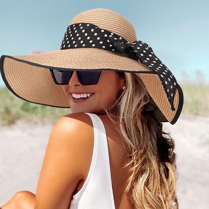 DRESHOW Beach Hats for Women Big Straw Wide Brim Summer Hat Floppy Foldable Roll up Cap Sun Hat UPF 50+