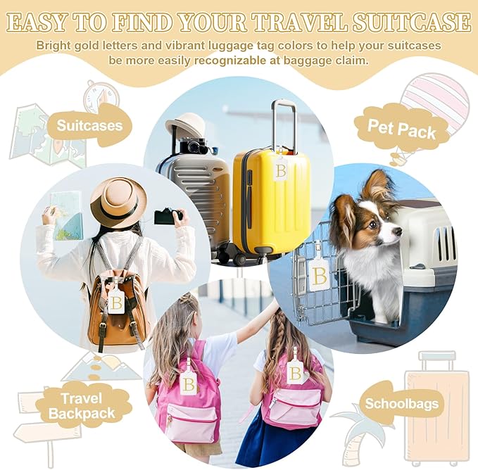 Personalized Initial Luggage Tags for Suitcase TSA Approved, White Leather Cute Luggage Tag with Privacy Cover Name Card, Embroidered Custom Luggage Tags Travel Baggage Tags Gifts for Women Kids(B)