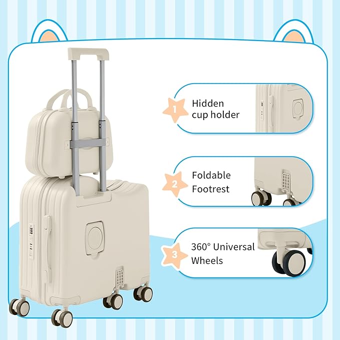 TABU Ride-on Luggage with Handbag for Kids，Hardshell Carry On Suitcase with Hidden Cup Holder, Foldable Pedal,Type-C & USB Interface, TSA Lock, 6-Spinner Wheels, White