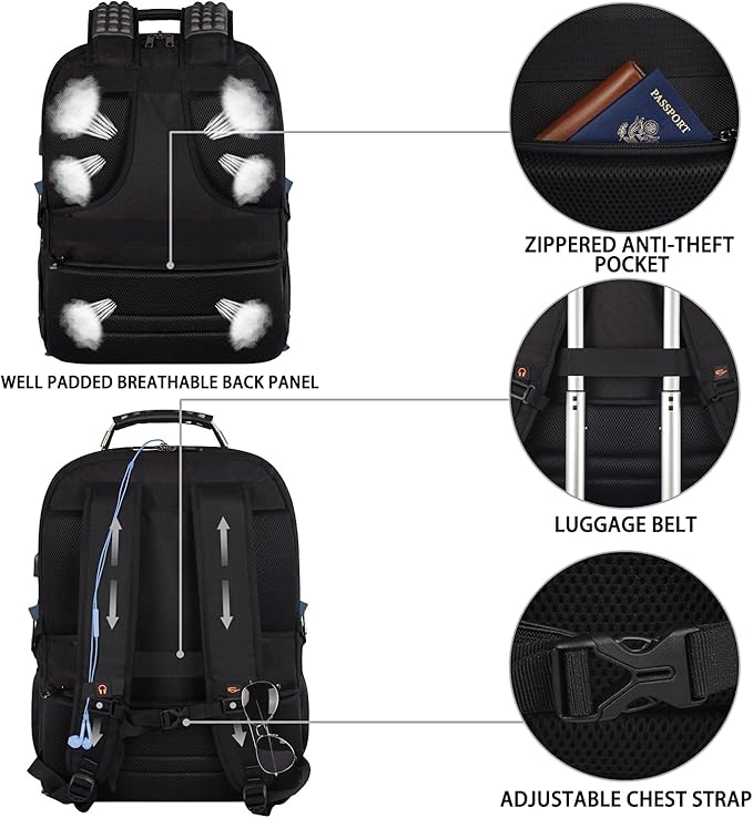 Laptop Backpack, Blue, 55L Capacity, TSA Approved, Multipurpose, Convenient USB Port, Comfortable Back Design, Durable Polyester Fabric