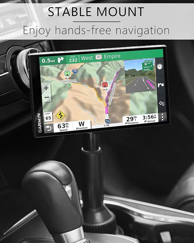1Zero Solid GPS Cup Holder Mount for Garmin [Adjustable Arm], Replacement Car Truck Cupholder Ball Mount Compatible with Garmin Nuvi Drivesmart RV Dezl Drive Zumo Driveassist DriveLuxe Navigator