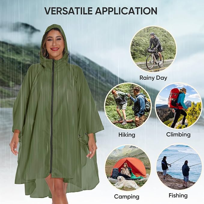 PTEROMY Hooded Rain Poncho for Adult with Pocket and Zipper, Waterproof Lightweight Raincoat for Men and Women