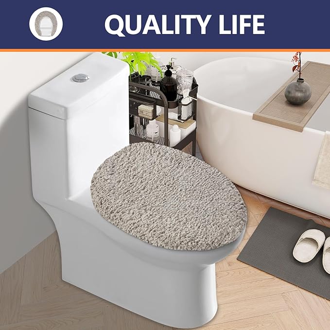 Microfiber Elongated Toilet Seat Cover 19.5"x 15" Machine Washable Solid Toilet Lid Cover Adjustable Rubber Backing Fits Most 18-19.5" L x 14-16" W Elongated Toilet Seat