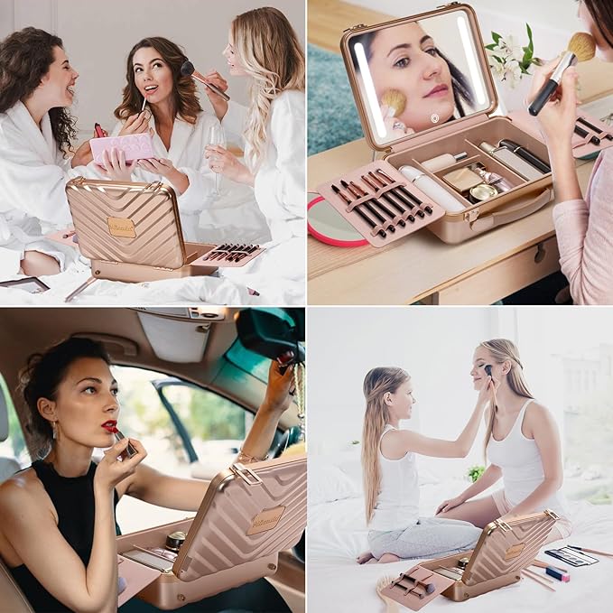 Mocado Travel Makeup Case with Lighted Mirror, Makeup Box with 8 Makeup Brushes and 10x Magnifying Mirror, Adjustable Brightness Makeup Train Case with Makeup Brushes Divider(Rose Gold)