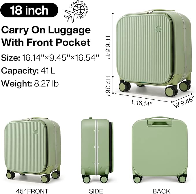 mixi Carry On Luggage, 18'' Suitcases with Spinner Wheels, Rolling Travel Suitcase with Front Laptop Pocket Luggage Aluminum Frame PC Hardside with TSA Lock and Cover, Avocado Green