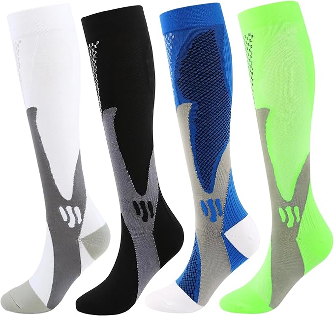 Kickticks 4 Pairs Compression Socks for Woman & Man Unisex 20-30mmHg Knee high Plus Size Wide Calves for Flying Running…