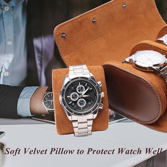Watch Travel Case, Luxury Leather Watch Roll 2 Slot Organizer Box, Jewelry Storage Case Gifts for Man and Woman Christmas Anniversary Birthday (Brown-2slot)