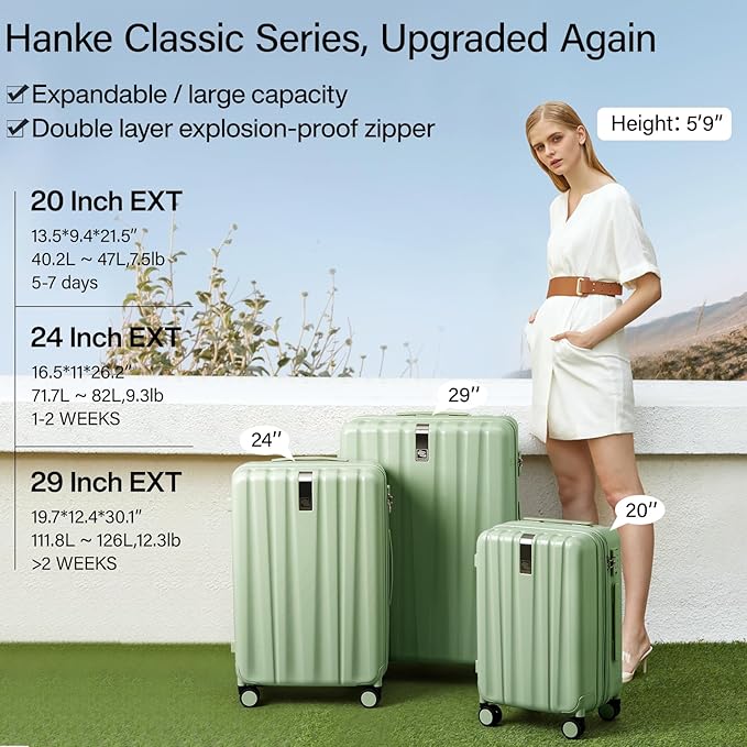 Hanke 29 Inch Expandable Checked Luggage Lightweight PC Hard Shell Luggage Suitcases with Wheels Travel Luggage Rolling Large Suitcase Travel Luggage Bag for Study Abroad.(Bamboo Green)