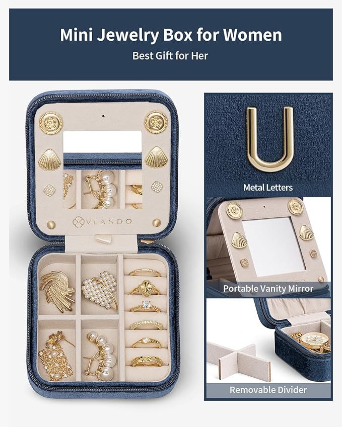 Vlando Mom Gifts for Women, Travel Jewelry Case for Mother Gifts, Travel Gifts for Mother Mom from Daughters, Travel Essentials Small Jewelry Box, Jewelry Travel Organizer - Letter U, Dark Blue