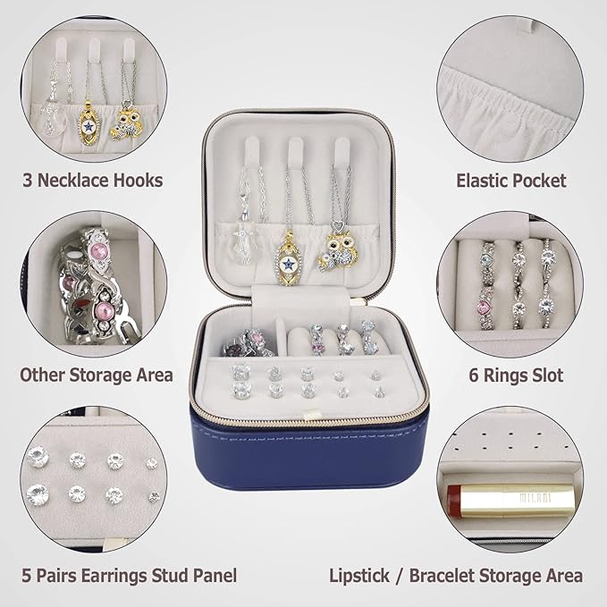 Travel Small Portable Mini Jewelry Case for collection Rings Necklaces Earrings and Lipstick Blue