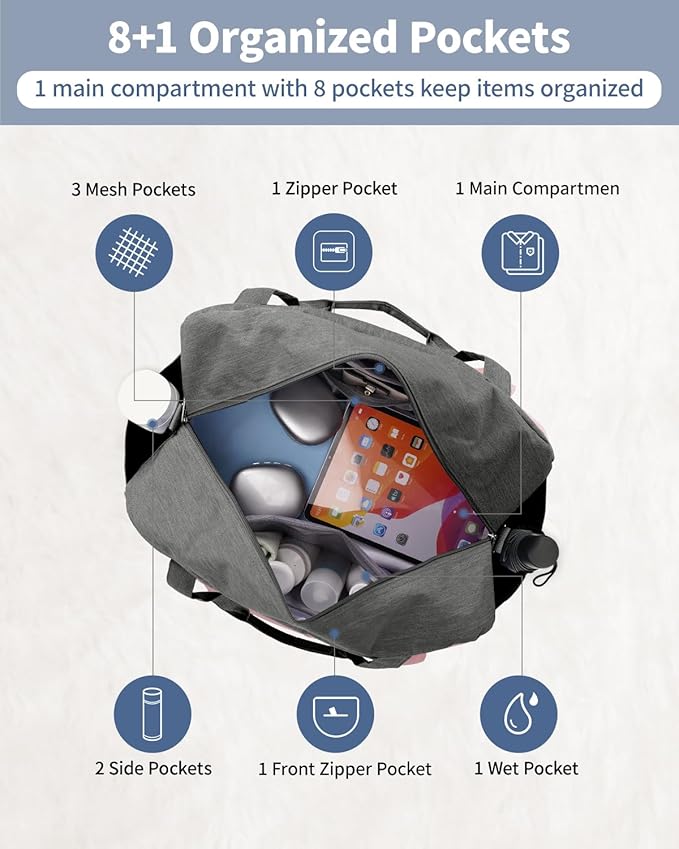 Narwey Carry on Bag 22x14x9 Airlines Approved, Carry on Duffle Bag for Airplane with Wet Pocket, Travel Duffel Bag Luggage Bag Weekender Overnight for Women Men (Grey)