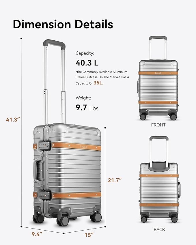 LUGGEX All Aluminum Carry On Luggage with Wheels - Zipperless Hardshell Suitcase with TSA Lock (Matte Silver, 20 Inch)