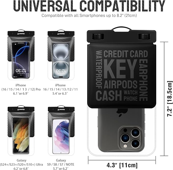 Universal Waterproof Phone Pouch [Double Space] IPX8 Dry Bag with Lanyard for iPhone 16 15 14 13 12 Pro Max XS XR X Galaxy S25 S24 S23 Ultra, Fit All Phones Up to 8'', Black