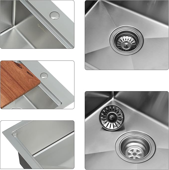 Kitchen Sink, 17 x 19 Inch Drop-in Bar Sink Stainless Steel Topmount Kitchen Sink Single Bowl Workstation Sink with Cutting Board