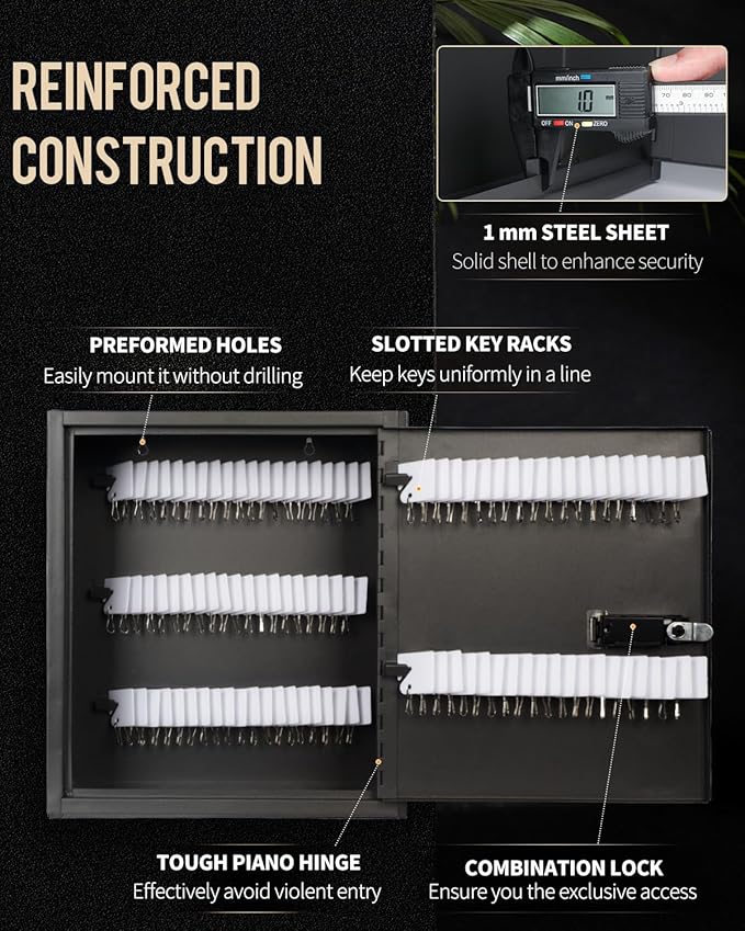Uniclife 100 Position Slotted Key Cabinet with Combination & Key Lock Resettable Black Digital Security Storage Box Steel Key Organizer with Slotted Racks White Key Tag Labels and Permanent Pen