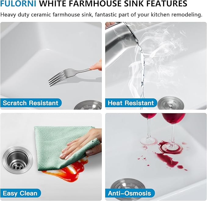 33 White Farm Sink - Fulorni 33"x21" Farmhouse Kitchen Sink Curved Apron Front Ceramic Porcelain Fireclay Single Bowl Farmer Style Basin