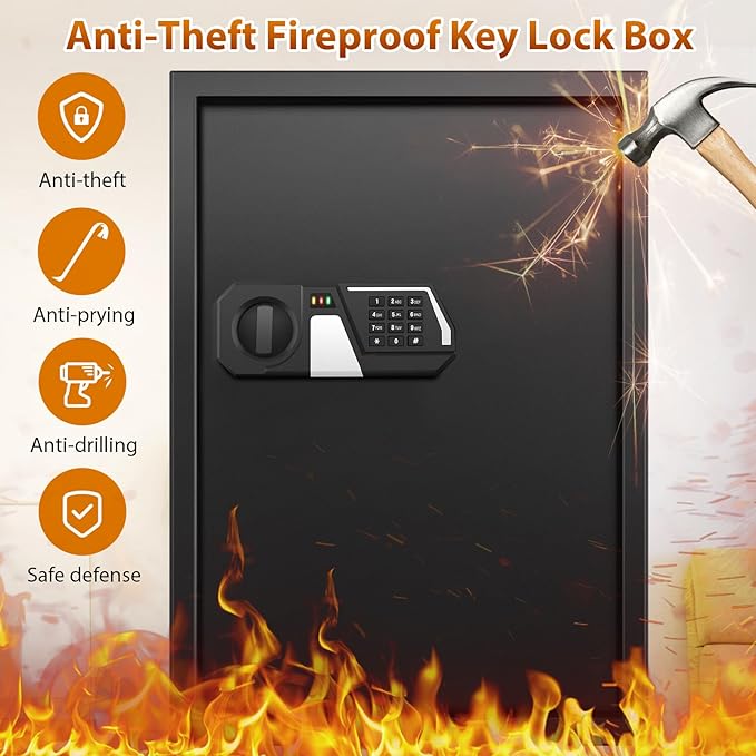 144 Keys Fireproof Cabinet Safe With Adjustable Hook Plates and Tags, Anti-Theft Lock Box Wall Mount With Combination Lock, Organizer for Home Office Garage