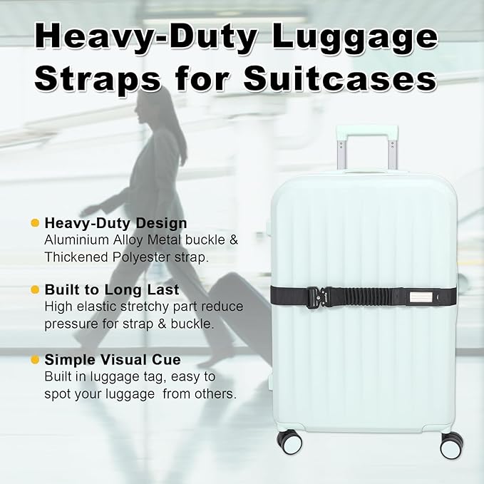 Vigorport Luggage Straps for Suitcases TSA Approved Suitcase Belt, Stretchable Travel Strap for Luggage, Heavy Duty Metal Buckle Luggage Belt Strap (Black, 72" Long/1PK)