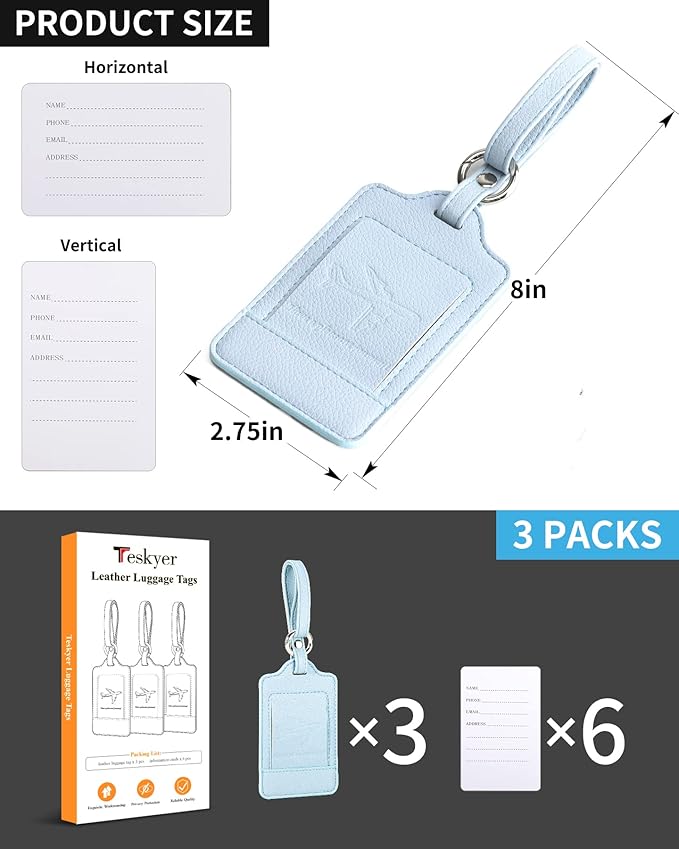 Teskyer Luggage Tags, 3 Pack Premium PU Leather Luggage Tags for Suitcases, Privacy Protection Travel Bag Tags, Lichee Cyan