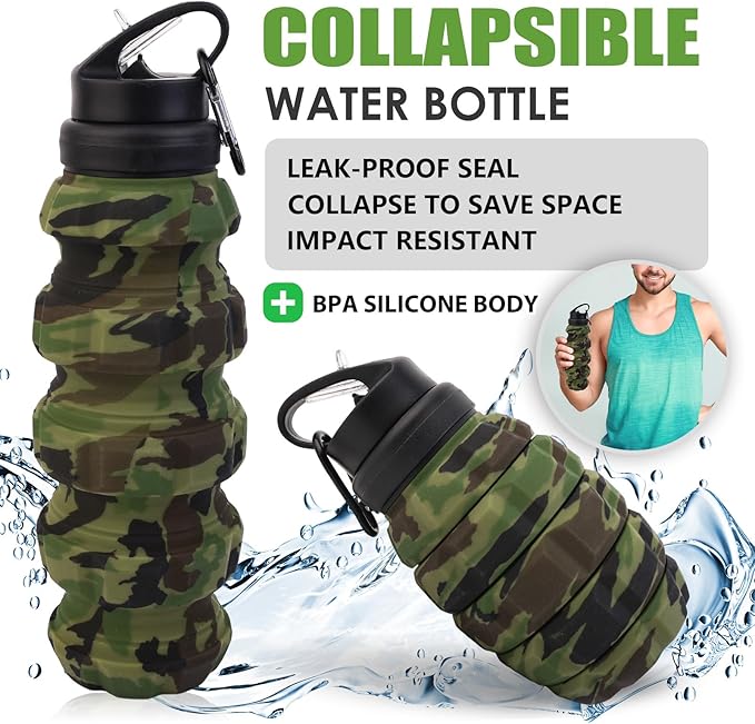 Collapsible Travel Water Bottle18oz, Reuseable Silicone Foldable Water Bottles for Gym Camping Hiking, Portable Leak Proof Sports Water Bottle with rugby Carabiner (Green)