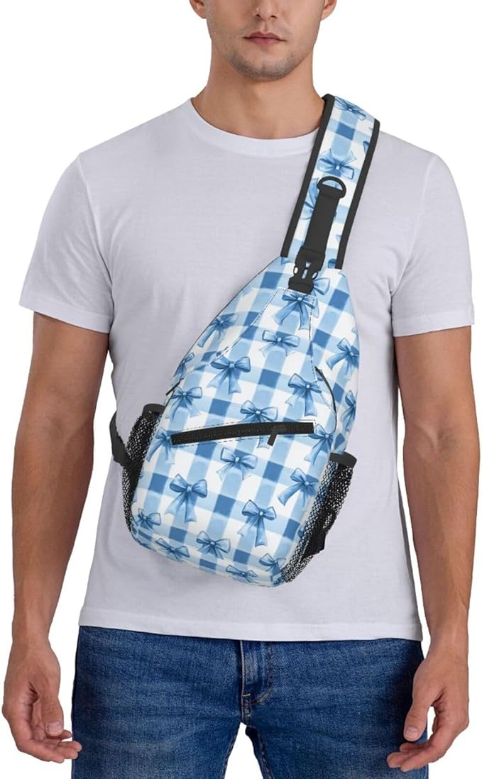 SUPLUCHOM Sling Bag Blue Bows Check Hiking Daypack Crossbody Shoulder Backpack Travel Chest Pack for Men Women