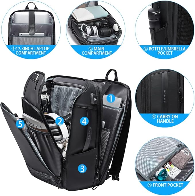 BANGE 45L Expandable Travel Backpacks,Weekender Carry On Backpack, Flight Approved Business Backpack for 17.3inch Laptop