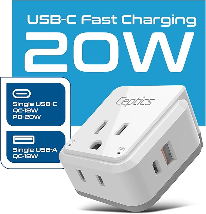 Ceptics UK, Ireland Power Adapter Travel, Safe Dual USB & USB-C 3.1A - 2 USA Socket - Compact & Powerful - Use in Hong Kong, England, Dubai, Saudi Arabia - Includes Type G Swadapt Attachments
