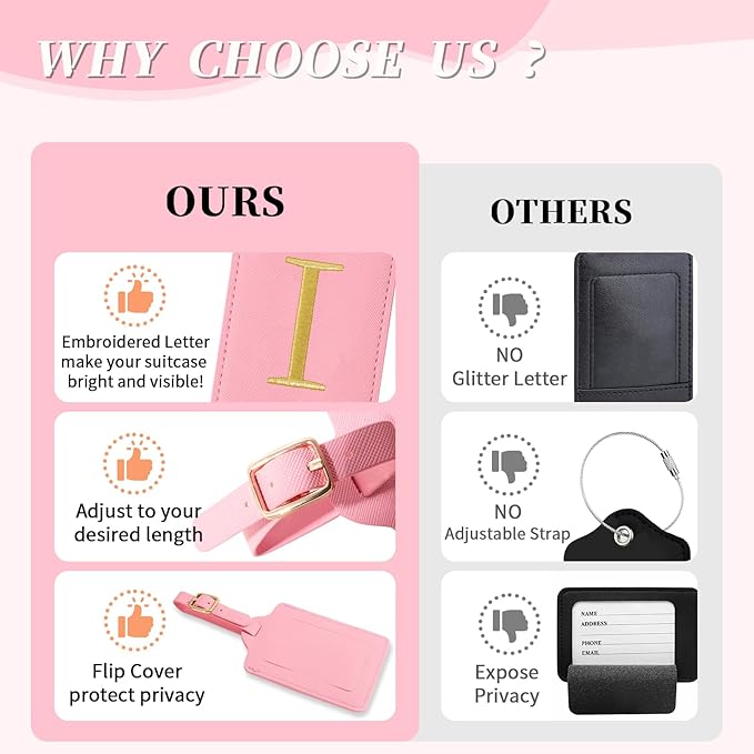 Personalized Initial Luggage Tags for Suitcase, Pink Leather Cute Luggage Tags with Privacy Cover Name Card, Embroidered Custom Monogrammed Luggage Tag Travel Bag Baggage Tags Gifts for Women Kids(I)
