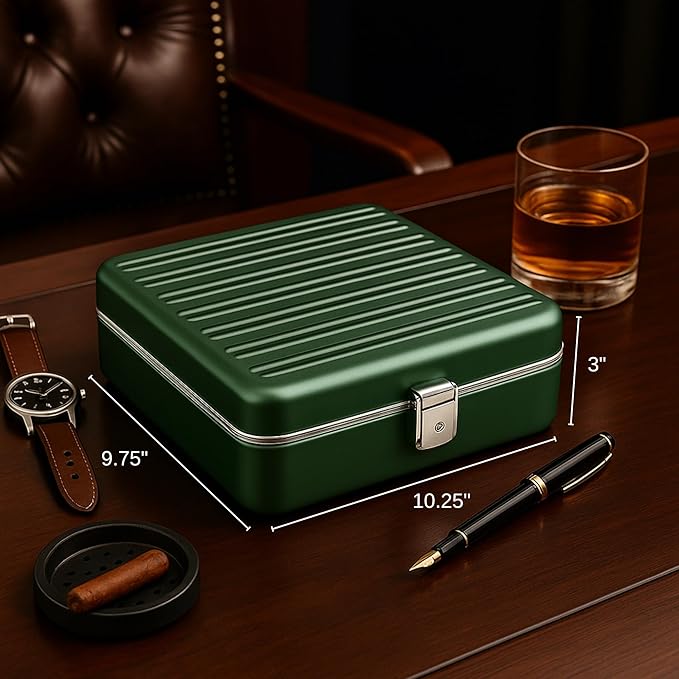 Bey-Berk Prague Aluminum Watch Case in Hunter Green – 9-Slot Locking Travel Box with Soft Interior for Watch Storage