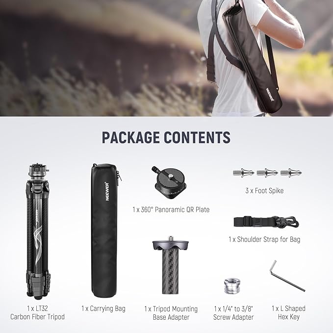 NEEWER LITETRIP LT32 62" Travel Tripod Carbon Fiber with ±15° Leveling Base, Detachable Center Axis, Fast Flip Buckle, 360° Pan Arca Type QR Plate Compatible with Peak Design Capture V3 (Former TP62)
