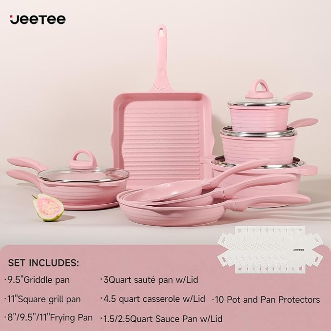 JEETEE Pink Pots and Pans Set Nonstick 23pcs, Healthy Kitchen Cookware Sets, Induction Cooking Set Pink Frying Pans, Saucepans, Sauté & Griddle & Crepe Pan (PFOA Free)
