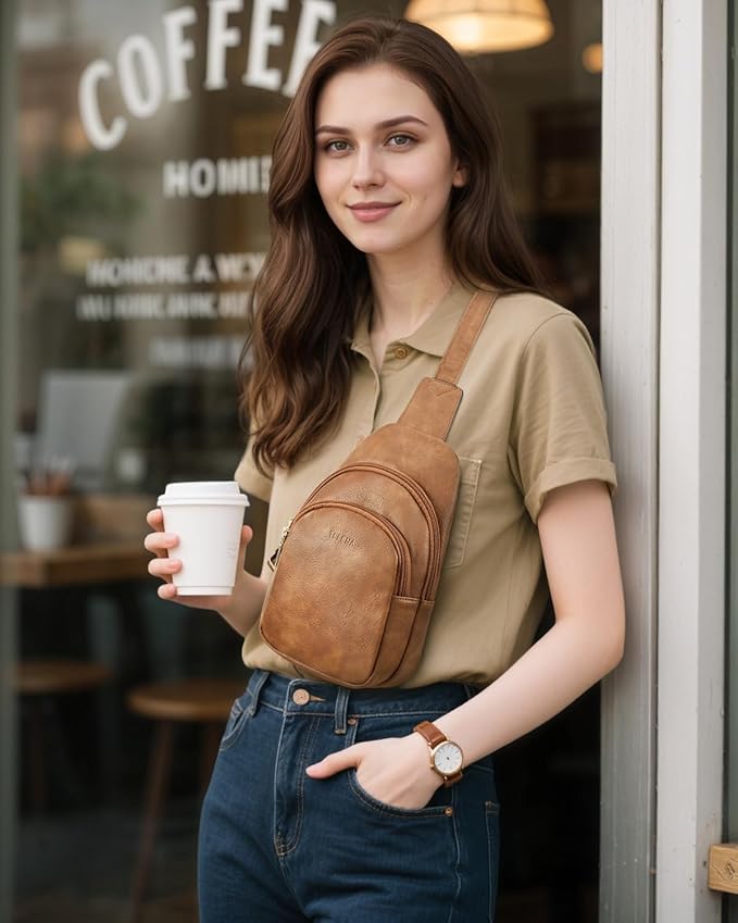 Telena Small Sling Bag for Women Leather Crossbody Fanny Packs Chest Bag for Women