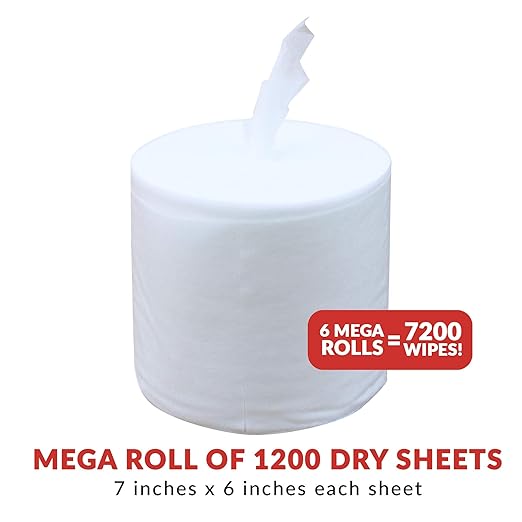 Dry Wipe Kit: 7200 Wipes (7" x 6"): Make Your Own Wet Wipes Using Your Preferred Cleaning Solution: 6 Mega Rolls + 4 Dispensing Buckets