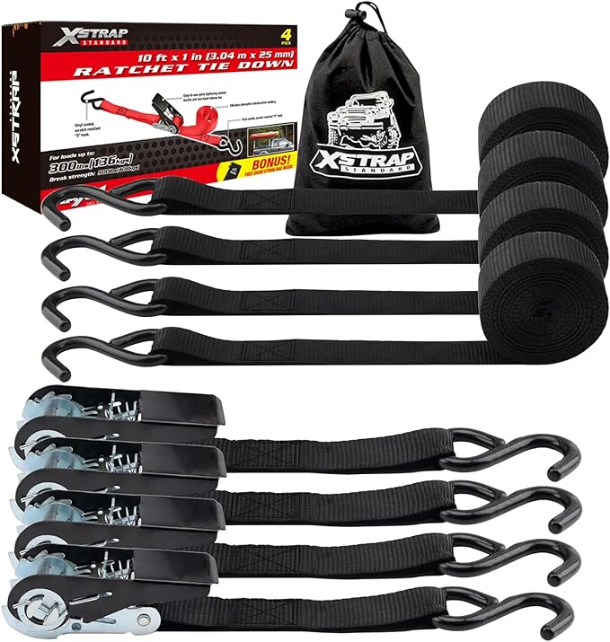 XSTRAP STANDARD Ratchet Tie Down Straps 4 Pk 10 Ft- 300 Lbs Load Cap- 900 Lbs Break Strength-Cargo Straps for UTV, ATV, Pickup,Truck, Moving Appliances, Lawn Equipment, Black