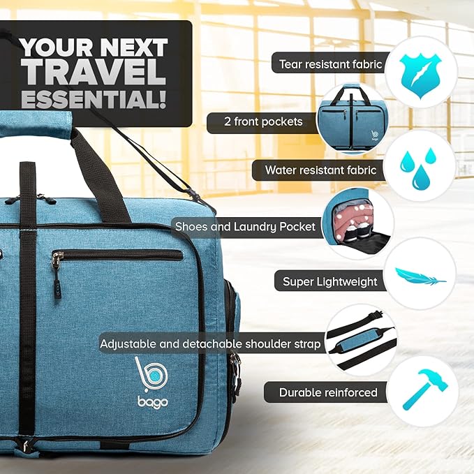 Bago Foldable Duffel Bags for Traveling Women & Men - 40L Sports Packable Duffle Bag for Travel with Shoe Compartment - Water Repellant, Heavy Duty, Lightweight Folding & Collapsible (SnowBlue)