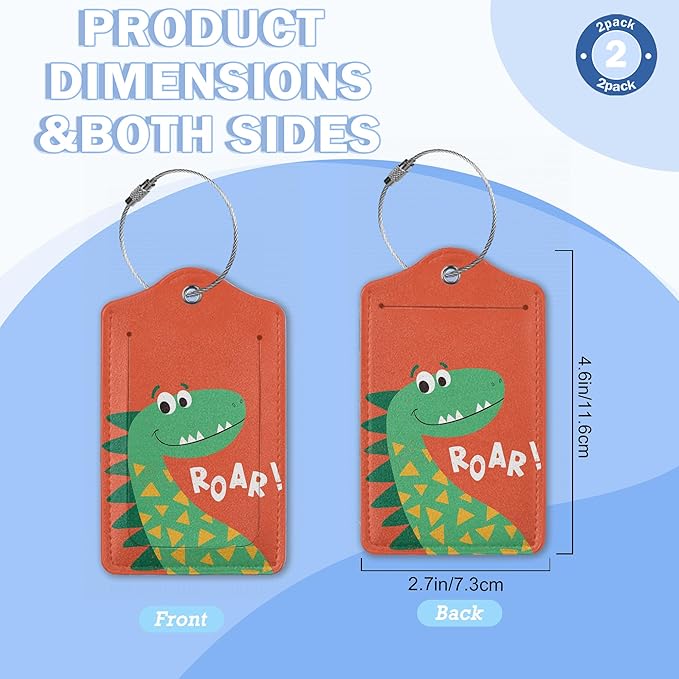 2 Pack Luggage Tags,Leather Suitcase Tags with Privacy Cover Name Address Labels& Durable Steel Loop for Men/Women Travel Bag Suitcases(Cute Cartoon Dinosaur)
