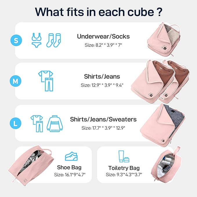 EPICKA 6 Set Ultra-Lightweight Compression Packing Cubes - Water Resistant Durable Travel Organizers with Toiletries Bag for Women, Expandable Travel Accessories for Carry on Luggage, Suitcase (Pink)