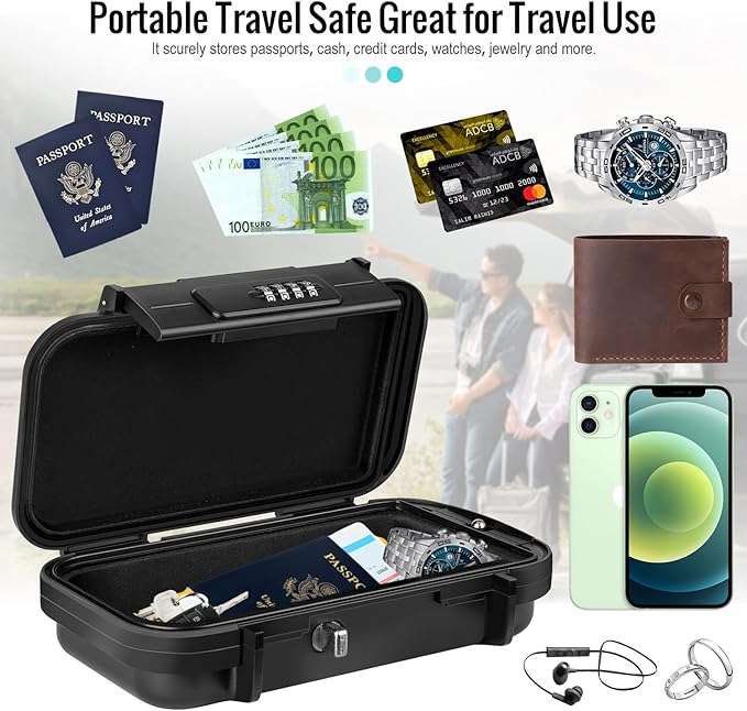 HUANLANG Portable Safe Lock Box with Combination Lock Mini Beach Travel Safe Waterproof Small Lockable Box with Removable Wire Rope Combination Safe Box for Dorm,Travel,Beach,Hotel,Car,Home,Office